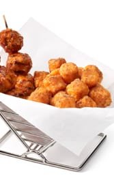 Moroccan Meatball Skewers with Spiced Sweet Potato Puffs - NEW!<br /> <em>Moroccan seasoned&nbsp;chicken meatballs, skewered on 4-inch wooden pics, grilled, glazed with spicy harissa glaze and served with Spiced Sweet Potato Puffs.<br /> </em>