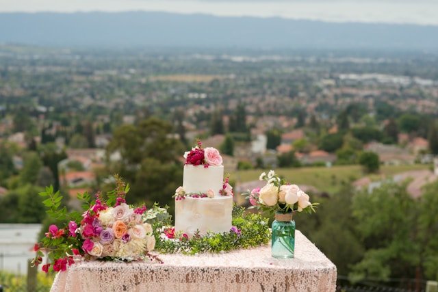 wedding cake table overlooking California vineyard
